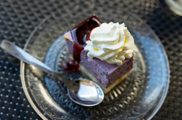 Slice of easy and tasty berry cheesecake.