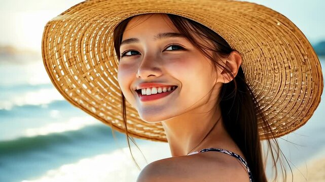 A young Asian woman enjoys a sunny day at the beach, wearing a straw hat and a strapless top. Her joyful expression adds a feeling of summer happiness and relaxation.