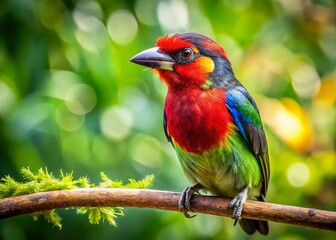 Obraz premium Crimson-breasted Barbet Bird on Branch, Bokeh Background, Wildlife Photography