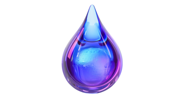 A unique drop of blue and purple oil with fluid holographic iridescent effects rendered in 3D on a white background - Powered by Adobe
