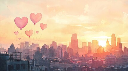 Obraz premium Watercolor Art of Heart Balloons Floating Over a City Sunrise. Concept of Love, Urban Tranquility, Dreamlike Atmosphere. Copy space