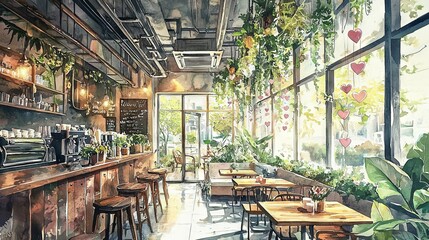 Fototapeta premium Watercolor Art of a Sustainable Modern Cafe with Hanging Plants and Natural Light. Concept of Eco-Friendly Design, Cozy Atmosphere