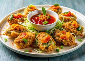 Crispy Pan-Fried Oysters (Hoi Tod) with Bean Sprouts, Sweet Sauce, and Spring Onions - Thai Food Silhouette