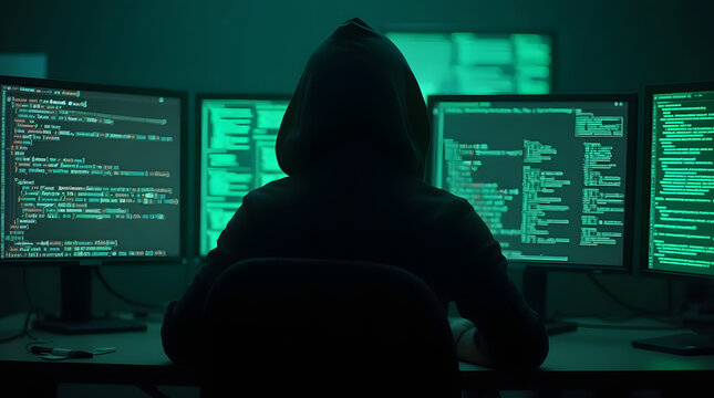 A mysterious hacker wearing a black hoodie, sitting in a dark room illuminated by multiple glowing monitors filled with green code and digital grids. The atmosphere is intense and cyberpunk-inspired.