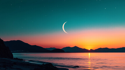 A serene and tranquil Ramadan wallpaper with a minimalist crescent moon, subtle stars, and a soft color palette of blues and purples, creating a peaceful mood.