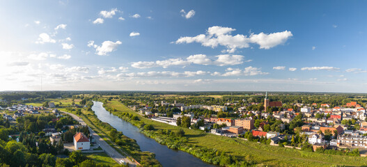 Summer aerial skyline cityscape of Śrem, Wielkopolska, Poland. Wide landscape panorama