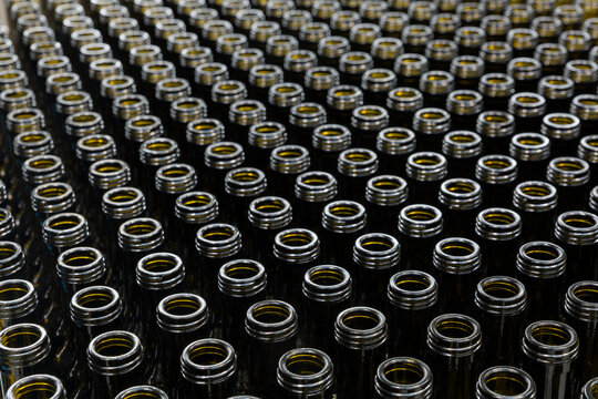 Rows of empty glass bottles in a production facility