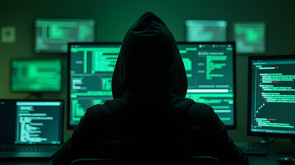 A mysterious hacker wearing a black hoodie, sitting in a dark room illuminated by multiple glowing monitors filled with green code and digital grids. The atmosphere is intense and cyberpunk-inspired.