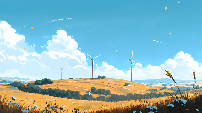 With a rolling hill and a clear blue sky, wind turbines emphasize sustainable energy sources with informative captions against an open background. Windshard. Illustration