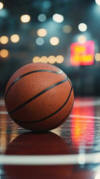 Basketball resting on the polished court during a vibrant game atmosphere with blurred lights in the background