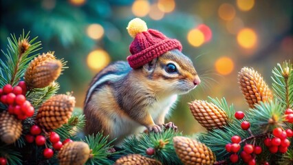 Obraz premium Cute Chipmunk in Beanie with Pinecones & Festive Branches - Winter Panoramic Stock Photo