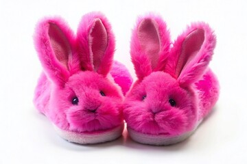 Obraz premium Cute Fluffy Bunny Slippers Silhouette, Warm Cozy Winter House Shoes, White Background Stock Photo