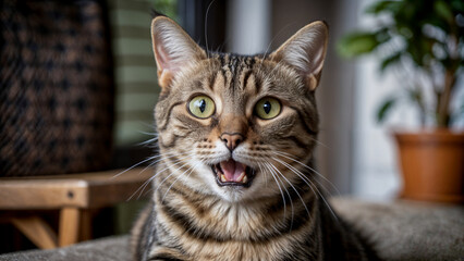 Playful Tabby Cat Looking Curious in a Comfortable Home Setting