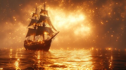 Obraz premium A majestic ship illuminated against a fiery sky, reflecting on the shimmering water.