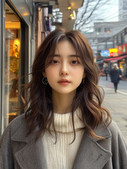  28-Year-Old Chinese Woman Selfie in Gray Leather Coat and White Sweater