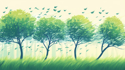 Trees acting as natural air filters during windy days, forest resources weather, air purification. Windshard. Illustration