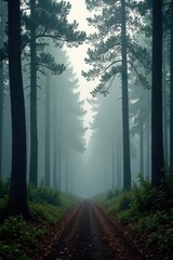 Obraz premium Dense forest with foggy atmosphere, trees blurred , trees, fog, nature