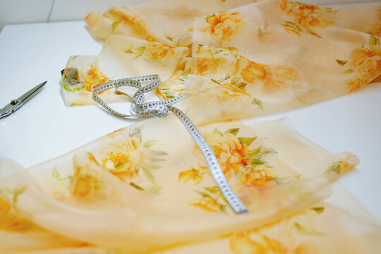 fabric with a centimeter on the table