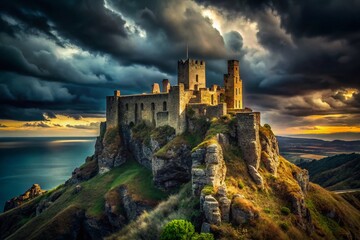 Fototapeta premium Dark Fantasy Medieval Castle Dramatic Shadowy Landscape Stock Photo