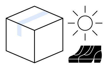 Package box next to sun symbol and stairs icon. Ideal for delivery services, journey, progress, transition, growth, movement, shipping outdoor ventures. Clean lines with abstract line flat metaphor
