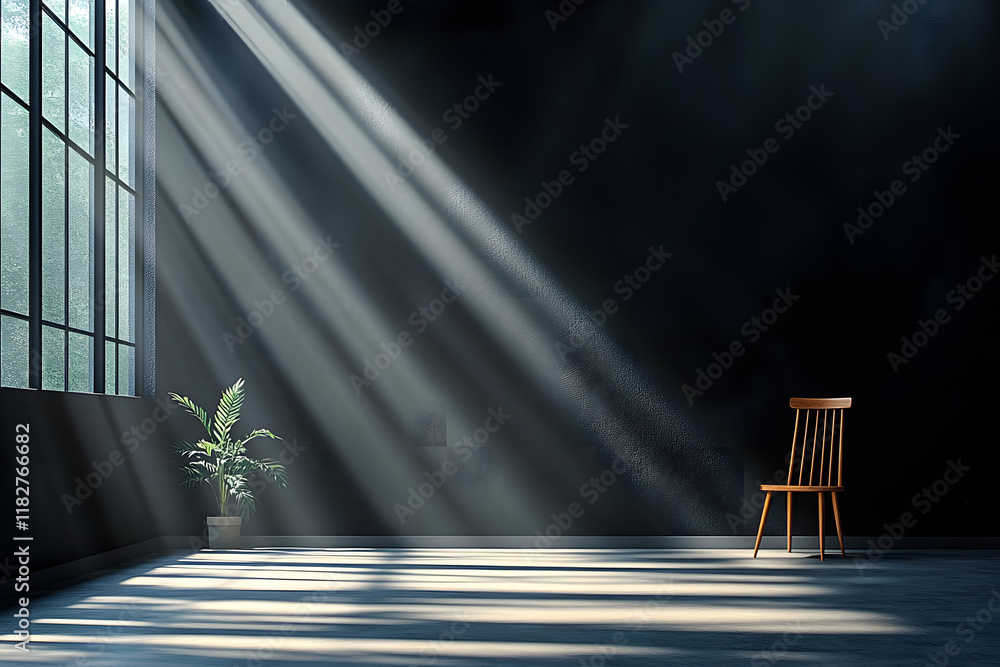 Poster explore an empty room illuminated by a celestial light filtering through ceiling, with a sleek black