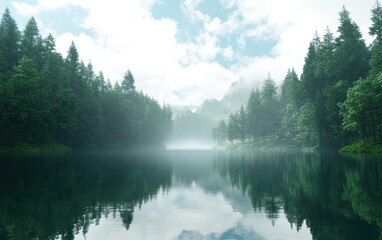 A procedural landscape of a misty lake with reflective water surface surrounded by dense forest.