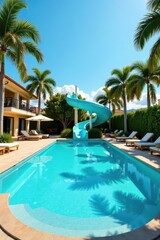 Large swimming pool with waterslide and sun loungers, recreation, relaxation, water feature