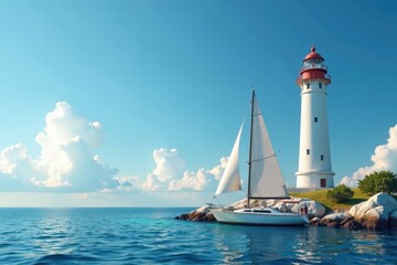 Lighthouse with a sailboat docked at its base, anchor, sunset, beach