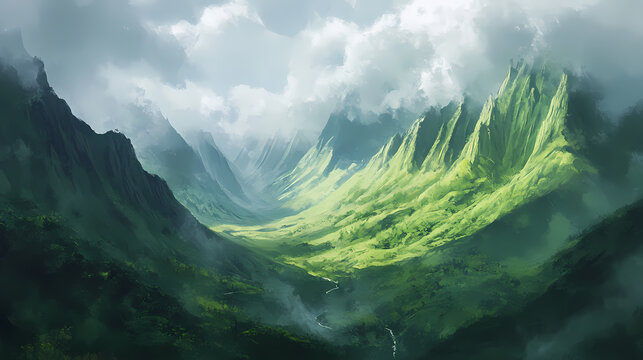 Lush green koolau mountains on oahu's windward coast rise dramatically from tropical valleys, misty clouds clinging to rugged slopes, amidst serene hawaiian natural beauty. Windshard. Illustration