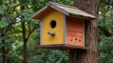 Colorful birdhouse mounted on a tree in a forest.