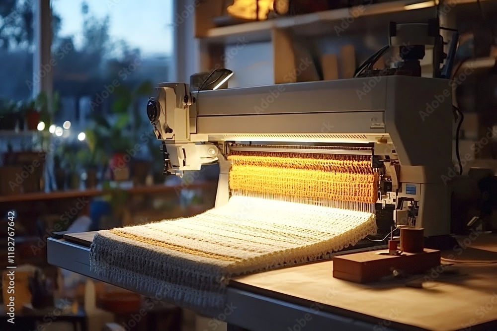 Poster automated knitting machine weaving colorful yarn into a textured fabric, illuminated by warm light i