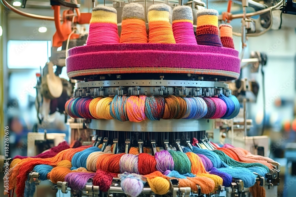Poster colorful spools of yarn feed a circular knitting machine, creating vibrant socks in a modern textile