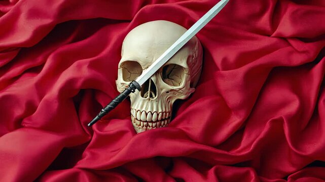 Skull with a dagger resting on red fabric creating a dramatic and eerie atmosphere in soft lighting
