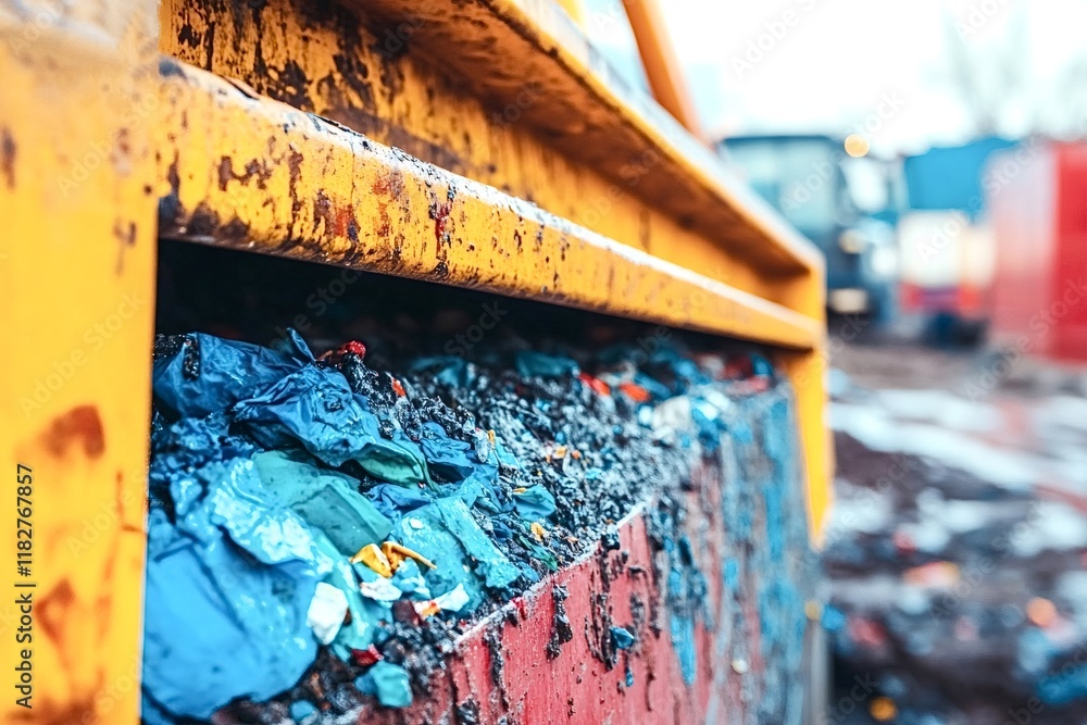 Poster close-up view of an overflowing industrial waste container filled with plastic garbage and construct