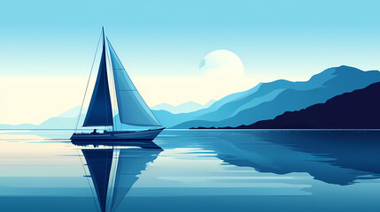 Obraz premium Sailboat sailing on calm blue waters. Windshard. Illustration