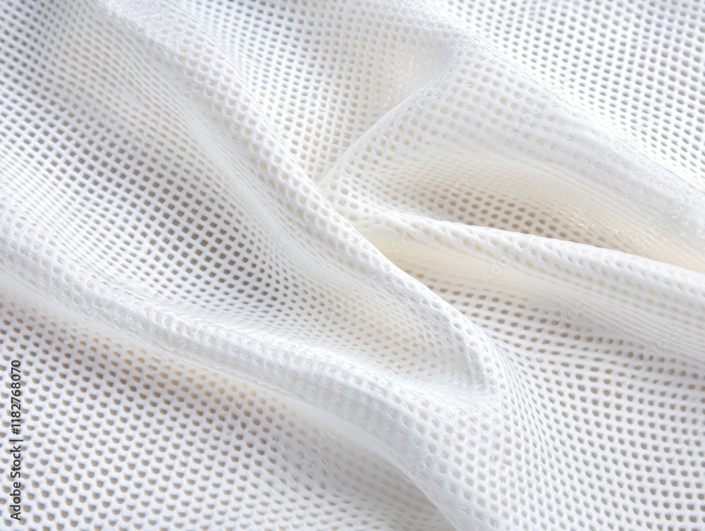 Poster a close-up of white mesh fabric displaying a textured pattern, emphasizing its lightweight and breat