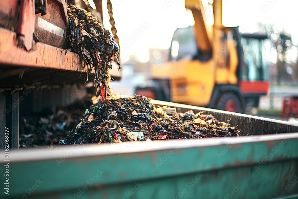Poster garbage truck unloading various waste materials into a large container at a landfill site, with a cr