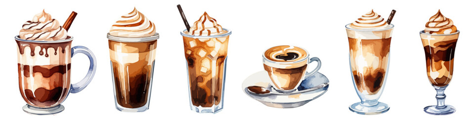 Hot and cold coffee beverage. Different types of drinks set. Hand drawn painting in watercolor style isolated on white background. Vector illustration