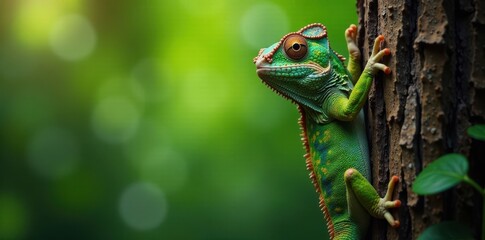 Veiled chameleon hanging upside down on tree trunk, lizard, tree bark, outdoor