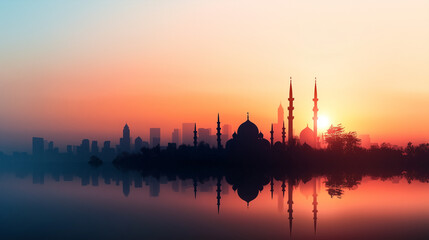 Naklejka premium Minimalist design featuring a soft pastel background with a subtle silhouette of a mosque, capturing the essence of Ramadan in a serene and elegant way.