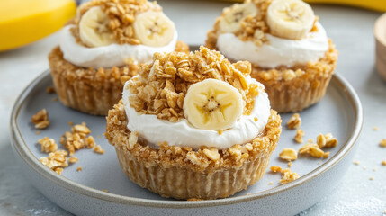 Side Shot of No-Bake Mini Banana Cream Pies, High Contrast, High Color Vibrancy