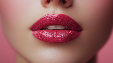 Fototapeta premium Close-Up of Korean Woman's Red Lips with Glossy Pink Lipstick, Perfect Skin