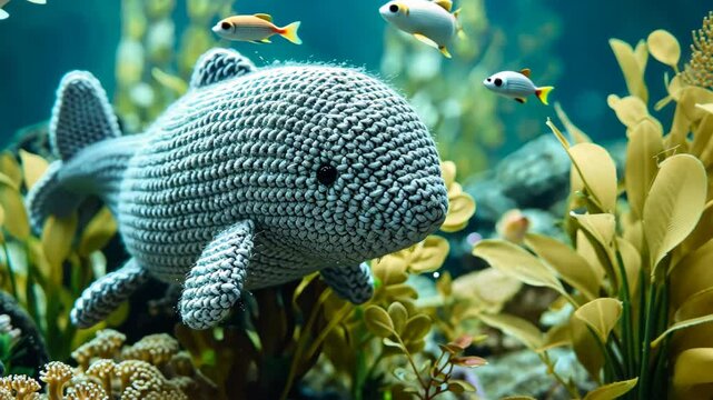 Crocheted dugong toy vibrant backdrop, handcrafted and adorable, Ai Generated