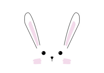 Cute bunny with long ears and pink cheeks. Vector illustration of an adorable rabbit face. Simple and minimal cartoon design for children’s prints, Easter cards, or nursery decor