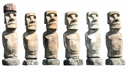 Easter island moai statues in a row, white isolated background. Windshard. Illustration