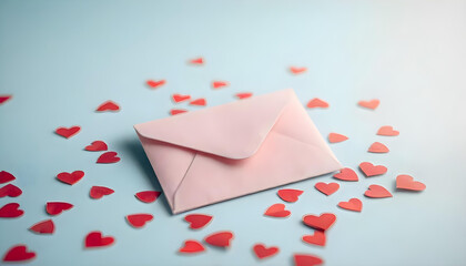A pink envelope with red heart-shaped confetti floating around it against a soft blue background