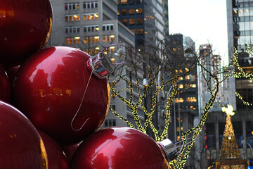 Huge Christmas Decorations with skyscrapers in the background