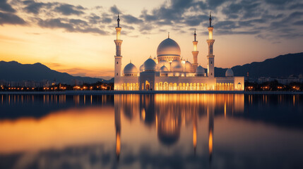 Fototapeta premium photorealistic Islamic mosque, The background sky has a gradient from night, with small clouds scattered around. there is lighting and spotlight the mosque