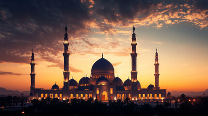 Fototapeta premium photorealistic Islamic mosque, The background sky has a gradient from night, with small clouds scattered around. there is lighting and spotlight the mosque