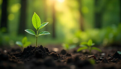 The style is candid image photography with natural textures and highly realistic light, editorial, A slender young green plant breaking through dark soil, with a softly blurred forest background fille